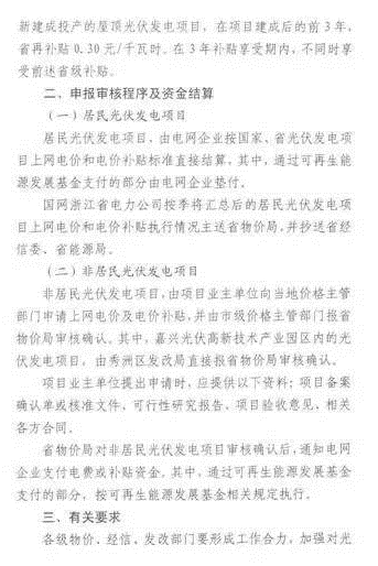 浙江省光伏补贴政策：省补再加0.1元/度！