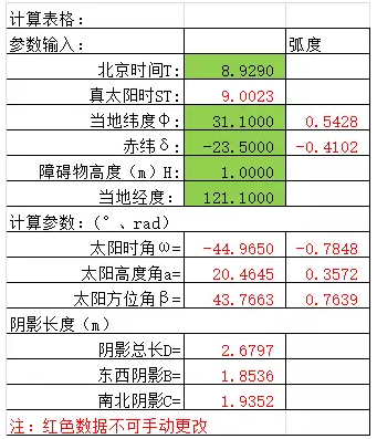 光伏方阵间距、阴影分析计算表格