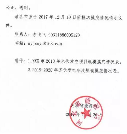 头条！河北能源局发布《关于对2018-2020年光伏发电项目建设规模进行摸底工作的通知》