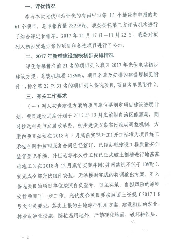 总装机规模418MW 广西发改委发布2017年普通光伏电站新增建设规模初步安排