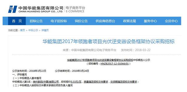 0.33元/瓦！神州数码中标华能领跑者项目光伏逆变器采购