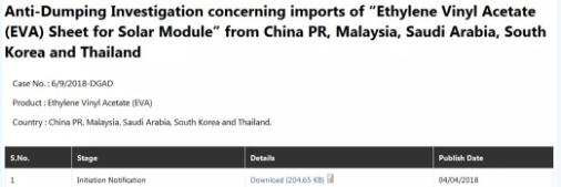 印度对进口中国、马来西亚、沙特阿拉伯、韩国和泰国EVA材料发起反倾销调查
