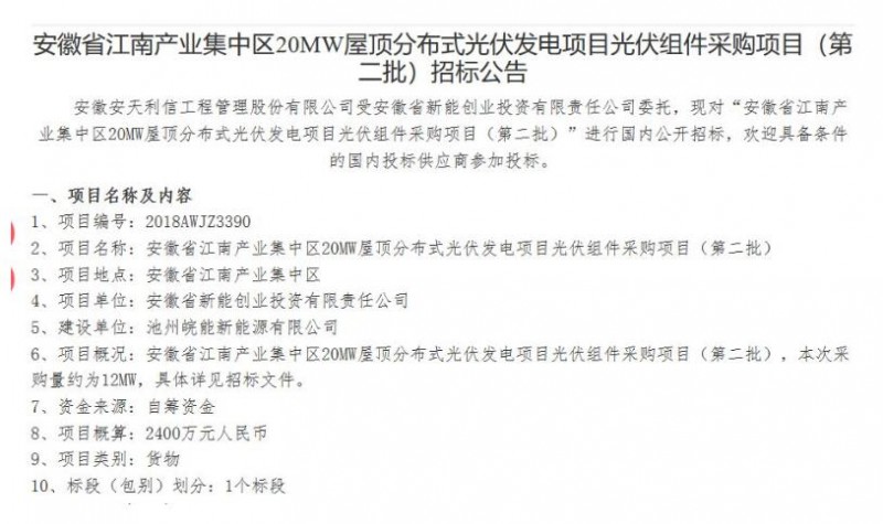 最低1.485元/W！安徽江南产业集中区分布式20MW光伏组件中标公告